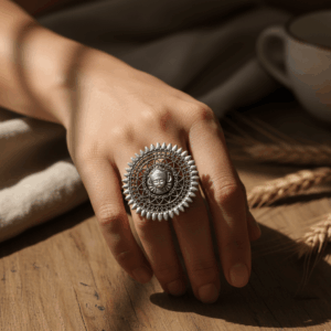 Peace-inspired Budha Boho Ring handcrafted in oxidised finish