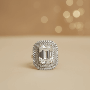 Handcrafted Celestial Grace Ring by The Ethnic Loop featuring a radiant-cut crystal with a silver double halo setting.