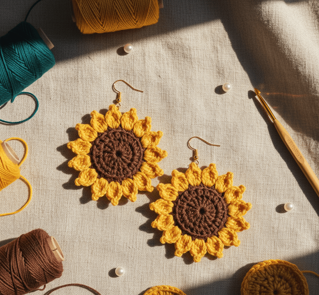 Handmade crochet sunflower earrings crafted with yellow and brown yarn on linen background – The Ethnic Loop