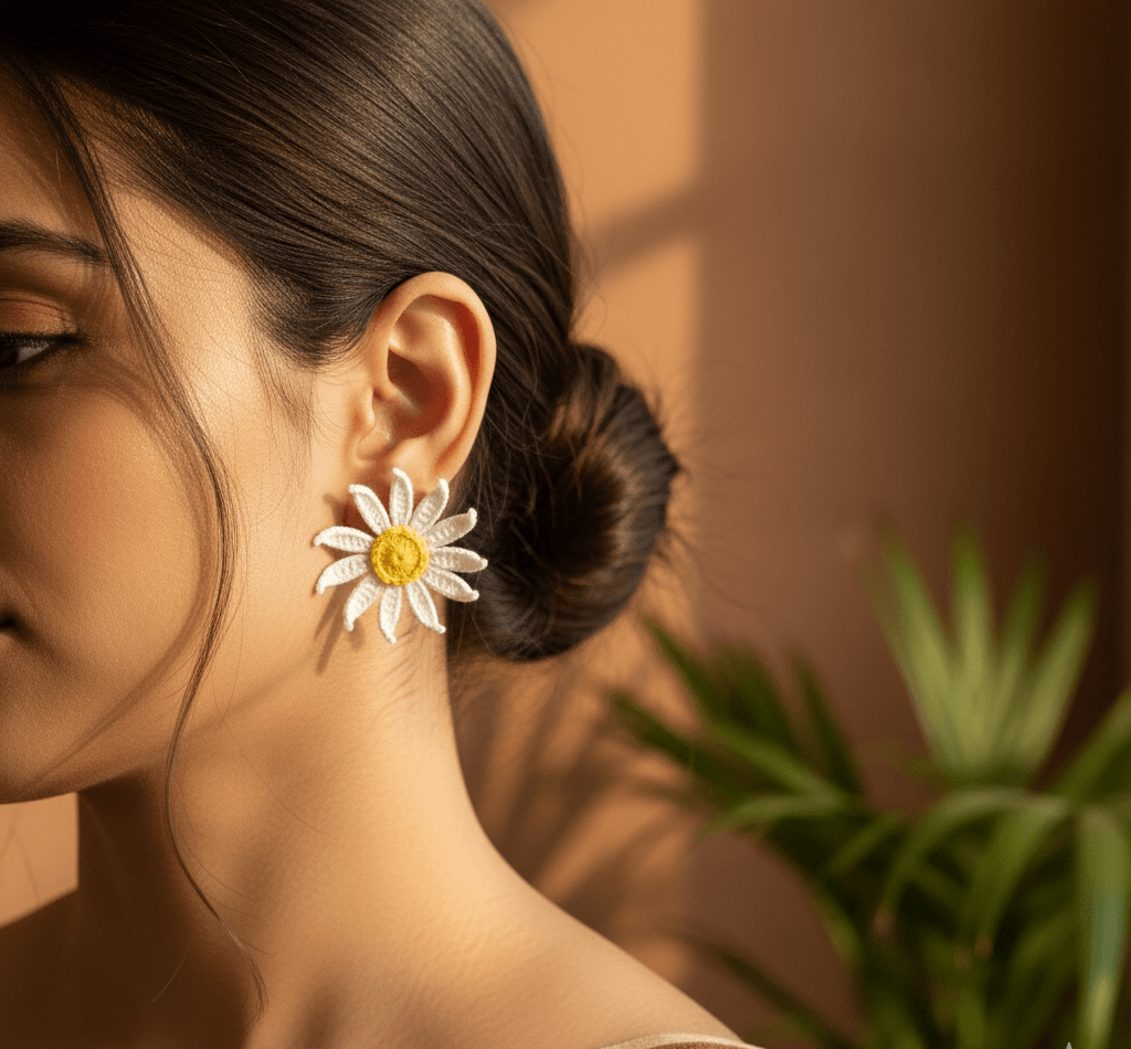 Detailed crochet pattern of handmade daisy earrings – The Daisy Loops