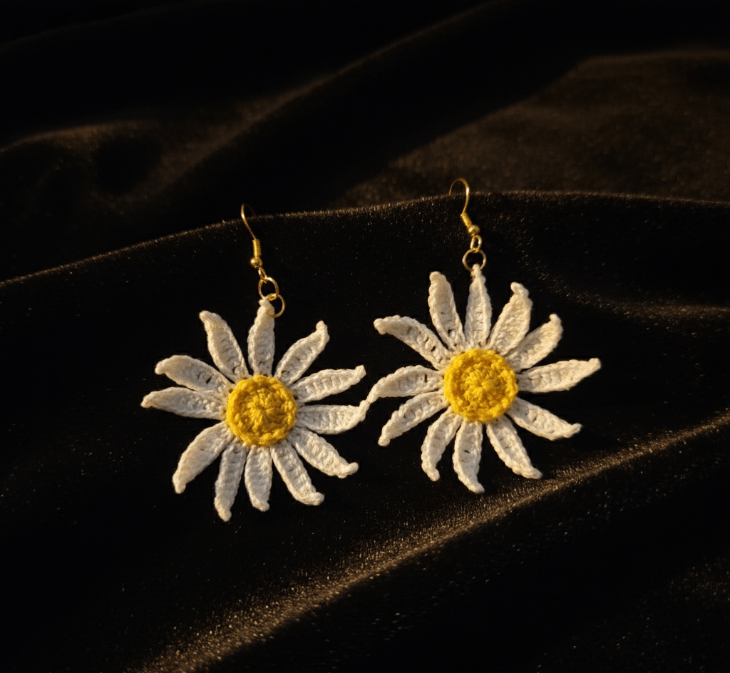 Boho handmade crochet daisy earrings styled on dark fabric background