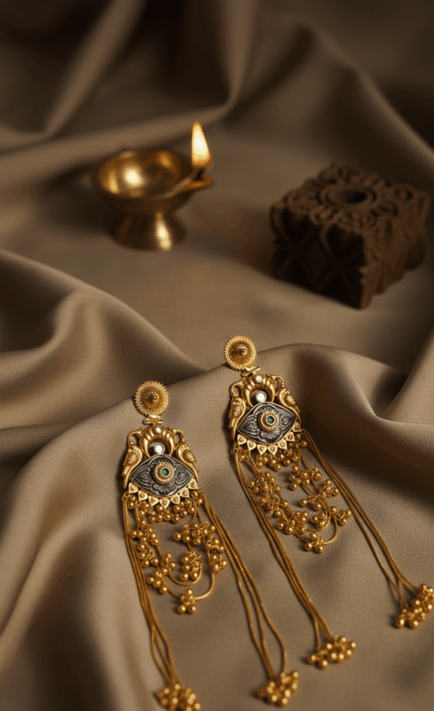 Handmade Kashmiri gold statement - The Chinar earrings with Chinar leaf design, cascading chains, and protective eye motif - The Ethnic Loop jewelery