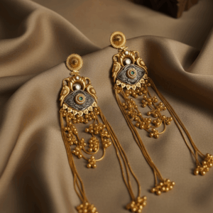 Handmade Kashmiri gold statement - The Chinar earrings with Chinar leaf design, cascading chains, and protective eye motif - The Ethnic Loop jewelery