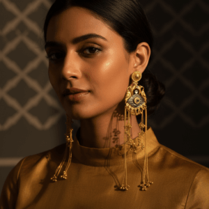 Handmade Kashmiri gold statement earrings with Chinar leaf design, cascading chains, and protective eye motif - The Ethnic Loop jewelery