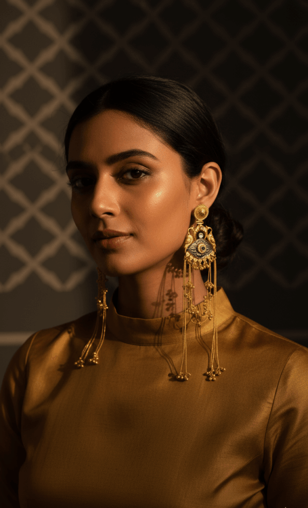 Handmade Kashmiri gold statement earrings with Chinar leaf design, cascading chains, and protective eye motif - The Ethnic Loop jewelery