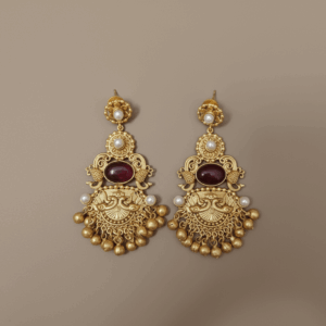 Handcrafted Kashmiri earrings with pearls and garnet stone in antique gold finish by The Ethnic Loop