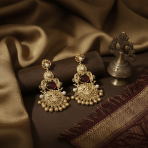Handcrafted Kashmiri earrings with pearls and garnet stone in antique gold finish by The Ethnic Loop