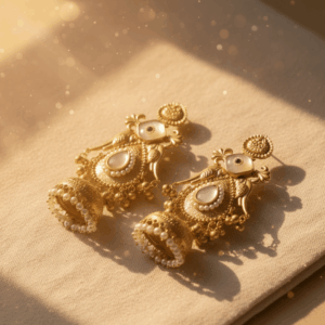 Handcrafted Kashmiri jhumkas with pearl detailing and gold finish by The Ethnic Loop