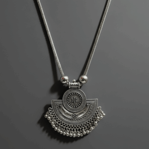 Oxidised Silver Necklace with Intricate Design and Beaded Detailing