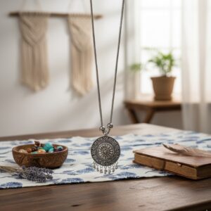 Oxidised silver necklace with floral pendant – The Ethnic Loop