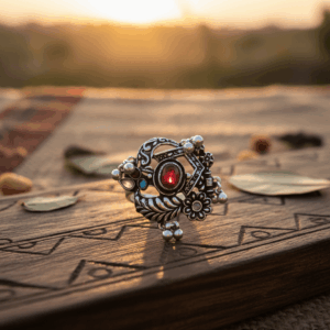 Handcrafted oxidised silver boho ring with red gemstone by The Ethnic Loop