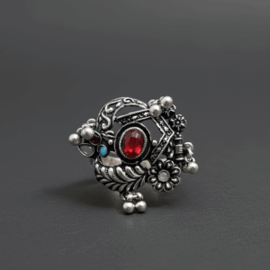 Vintage oxidised boho ring with red stone handcrafted by Indian artisans