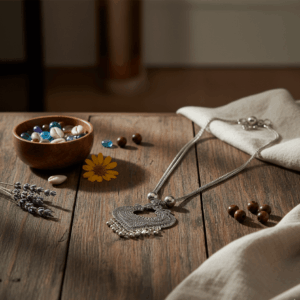 Handcrafted oxidised jewellery with crescent pendant and dangling beads