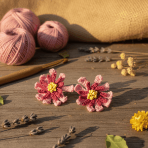 Handmade pink crochet flower stud earrings with yellow bead center by The Ethnic Loop