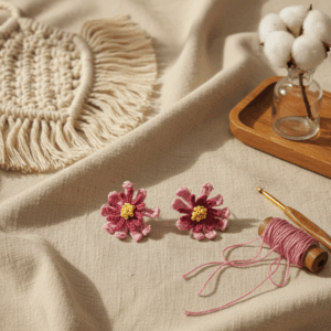 Artisan handmade crochet earrings with pink petals and yellow beads on wooden surface