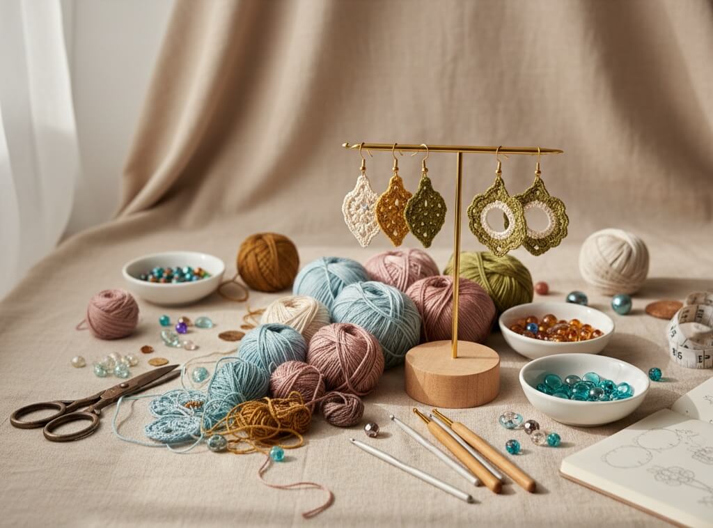 Handmade crochet earrings and yarn displayed on a craft table with soft natural light