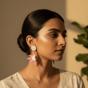 Boho crochet earrings photographed with yarn and crochet hook