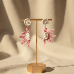Lotus-inspired pink and ivory crochet earrings handmade in India