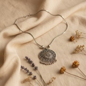 Oxidised silver necklace with floral pendant and intricate detailing