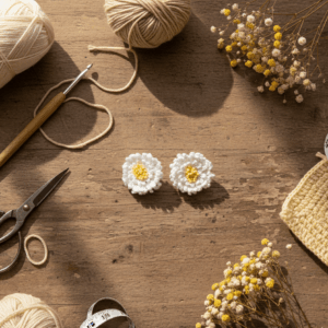 Handmade white crochet flower stud earrings showcased in a minimal aesthetic setup.